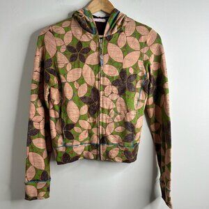 Custo Barcelona Hoodie Womens S Green‎ Pink Leaf Print Full Zip Glitter Graphic